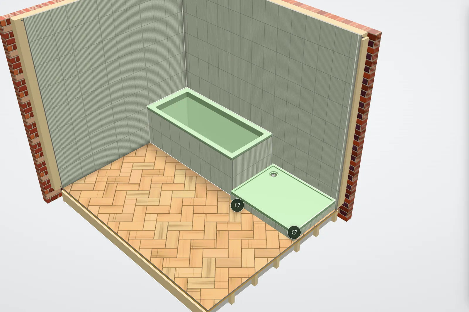 The Drawing Room: the Pale Green corner bath, tiled in, and shower tray in a finished room with sage-green reeded walls and an oak herringbone floor