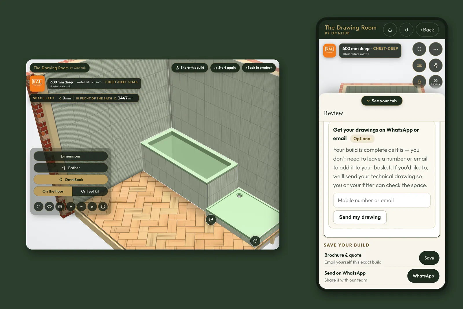 The Drawing Room on a computer and on a phone, showing the Share this build button and the Save your build options: Brochure and quote, and Send on WhatsApp