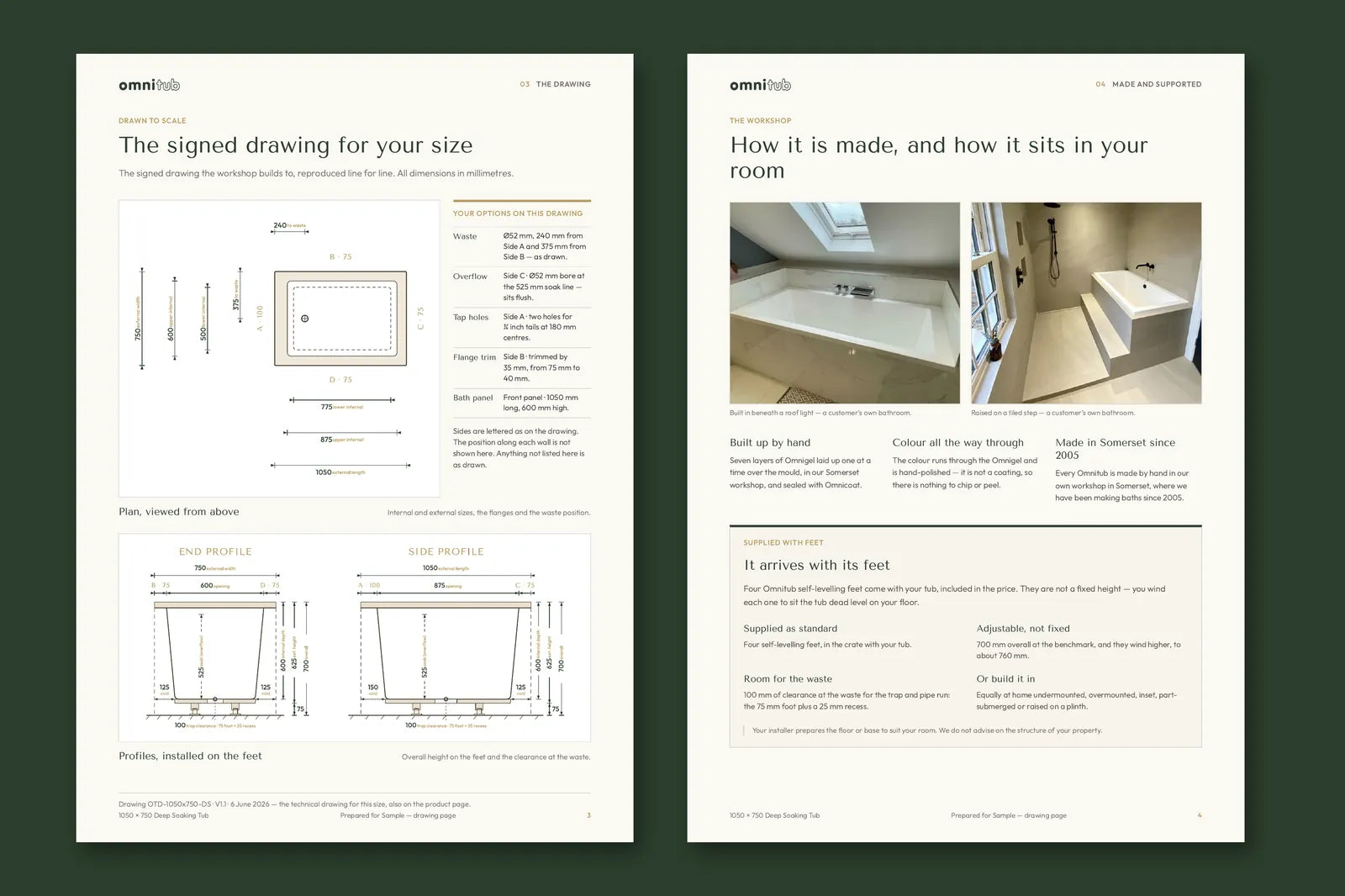 Two pages of an Omnitub build brochure: the signed drawing for a 1050 × 750 mm bath, and how it is made and sits in the room